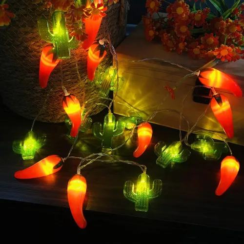 Vista 9 de Guirnalda de luces LED con temática tropical, chile, cactus, funciona con pilas, para corona de vaquero del desierto de Texas, dormitorio, boda