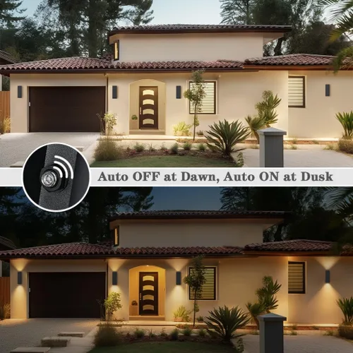 Vista 2 de SHIMR Luces de pared para exteriores modernas al atardecer al amanecer, aplique exterior cuadrado negro mate con bombillas incluidas, iluminación