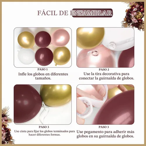 Vista 3 de Kit de guirnalda de arco de globos burdeos de 142 piezas con globos metálicos de oro rosa, granate y oro para decoraciones de cumpleaños, baby