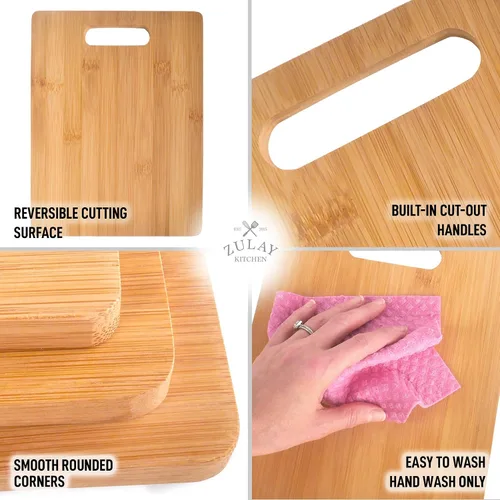 Vista 4 de Zulay - Tabla de cortar de madera de bambú (3 piezas) para cocina, tabla de cortar de madera de 3 tamaños surtidos para cocinar y servir, juego