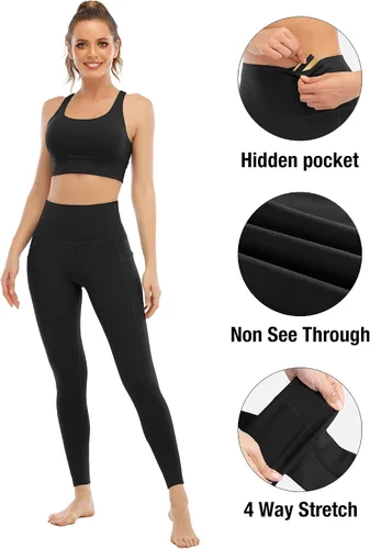 Vista 3 de YOUNGCHARM - Paquete de 4leggings con bolsillos para mujer, con cintura alta y control de abdomen, pantalones deportivos de yoga