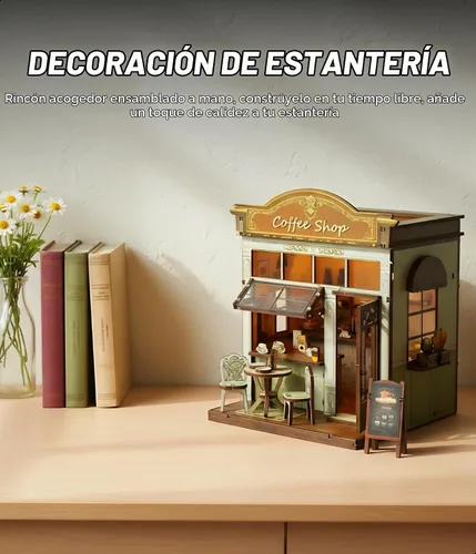Vista 5 de Kit de rincón de libros DIY Cafetería Casa en miniatura Rompecabezas de madera 3D con luz LED, decoración de estantería pequeña kit de construcción