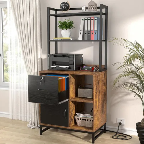 Vista 9 de Homieasy Archivador vertical con cerradura y estación de carga, archivador de madera con cajón grande con estantería, soporte de impresora