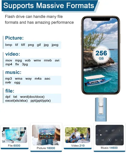 Vista 7 de Unidad flash USB de 256 GB para teléfono y almohadilla, memoria USB externa de alta velocidad para guardar más fotos y videos (azul, 256 GB)