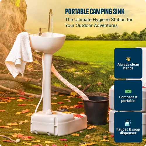 Vista 2 de Alpcour Fregadero portátil para acampar – Estación de higiene de viaje para interiores y exteriores con lavabo, grifo para correr, dispensador