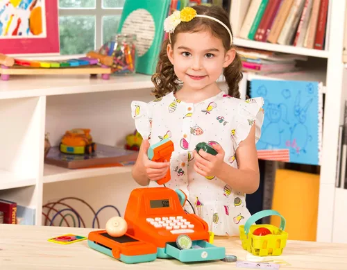 Vista 3 de Battat Kids - Caja registradora con escáner y sonidos, juego de 26 piezas Pretend play shopping set with calculator, light-up scanner, play money