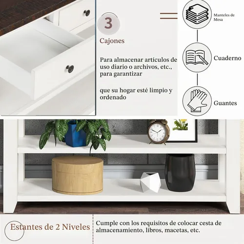 Vista 5 de Mesa consola de madera maciza de 48.8 pulgadas para entrada; mesa de sofá con cajones 48.8" Antique White Real Wood Farmhouse Console Table with