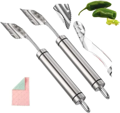 Vista 7 de Removedor de semillas de pimienta con paño de limpieza, removedor de semillas de frutas de acero inoxidable 304 con dientes dentados, herramienta