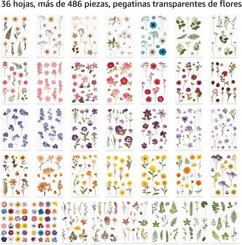 Vista 2 de Knaid Calcomanías temáticas de flores prensadas (surtido de 486 piezas, 36 hojas), calcomanías de resina floral secas, calcomanías de diario