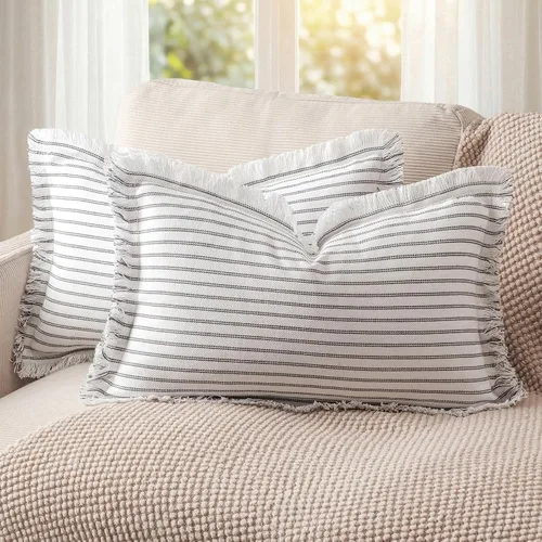 Vista 27 de Fundas de almohada ZWJD de 16 x 16 pulgadas, juego de 2 fundas de almohada a rayas con borlas, fundas de almohada de algodón chic, fundas de cojín
