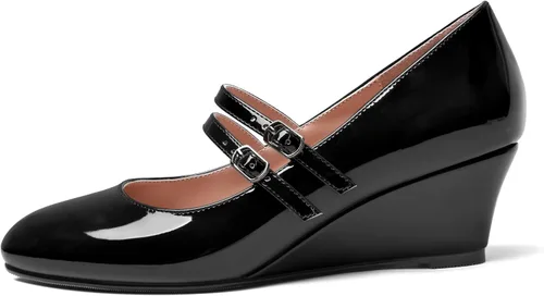 Vista 2 de Zapatos de tacón bajo con hebilla de punta redonda para mujer, con correa ajustable y correa ajustable, 2 pulgadas