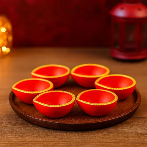 Vista 5 de Pure Source India Diya decorativa hecha a mano de terracota, 3 pulgadas, 6 piezas, multicolor