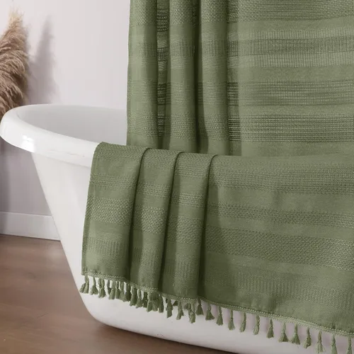 Vista 28 de OVZME Cortina de ducha bohemia negra, cortina de ducha estrecha de tela suave a rayas de lino texturizado con borla, moderna decoración de baño