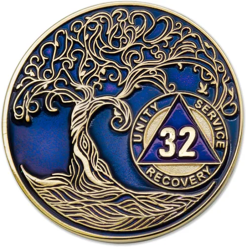 Vista 63 de 1 año Sobriety Mint Twisted Tree of Life Medallón de recuperación AA chapado en oro, chip/ficha - negro