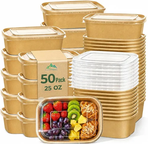 Vista 9 de Kaderron Paquete de 50 tazones de papel grandes de 20 onzas con tapas, contenedor compostable desechable resistente para fiestas, cuencos