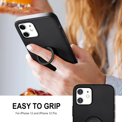 Vista 2 de Funda Hython para iPhone 12 y iPhone 12 Pro con soporte de anillo, soporte magnético giratorio de 360°, funda protectora de goma a prueba de golpes