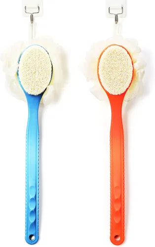Vista 6 de Cepillo corporal de ducha con cerdas y esponja de esponja de malla, mango curvado Long Handle Bath Brush with Mesh Sponge for Skin