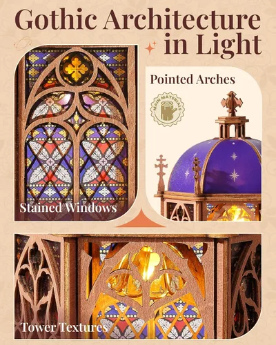 Vista 5 de Rowood Rompecabezas 3D para adultos, kit de modelo de arquitectura gótica de madera DIY con LED, regalo de cumpleaños de Navidad, catedral de cúpula