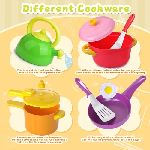 Vista 3 de Juego de cocina para niños, 66 juguetes de cocina para niños pequeños con ollas y sartenes, alimentos, utensilios, utensilios de cocina, juego