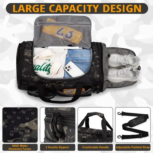 Vista 3 de Bolsa de gimnasio expandible para hombres, táctica grande 3 en 1, bolsa deportiva con compartimento para zapatos, resistente al agua, bolsa de mano