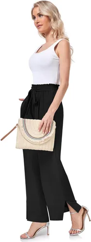 Vista 3 de UEU Pantalones casuales de pierna ancha para mujer, cintura alta, ajustables, con nudo de lazo, pantalones de trabajo de negocios con bolsillos