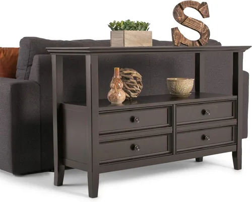 Vista 10 de SIMPLIHOME Amherst - Mesa consola – Mesa de sofá de madera maciza de 48 pulgadas de ancho en color marrón nogal, mesa de almacenamiento