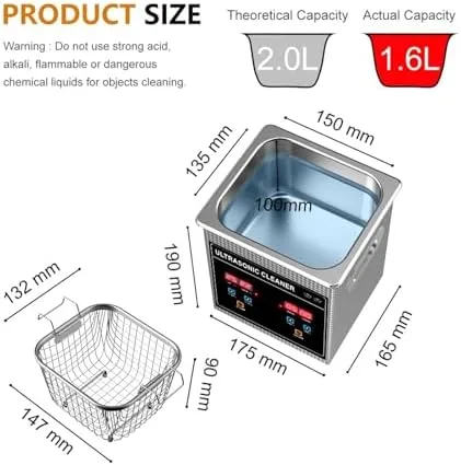 Vista 6 de Potente limpiador ultrasónico de 2 litros con temporizador digital de 120 W, 60 W para joyas, monedas, arte de uñas y artículos pequeños, solución