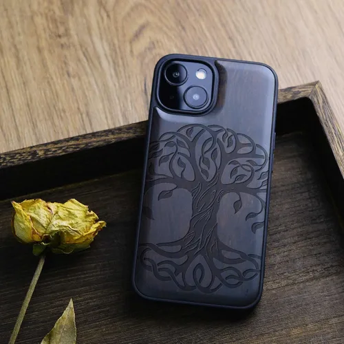 Vista 4 de Carveit Funda magnética de madera para iPhone 13 Mini, madera real dura y TPU suave, funda protectora híbrida de madera única y elegante a prueba