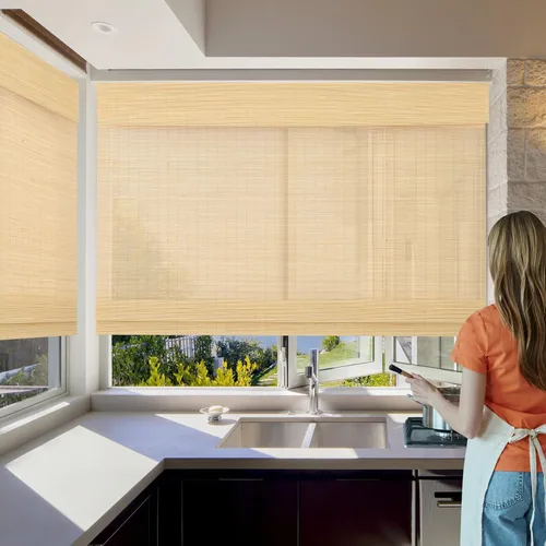 Vista 2 de Persianas romanas de bambú, persianas opacas personalizadas con forro, persianas naturales 100% bambú para ventanas, patrón 2501