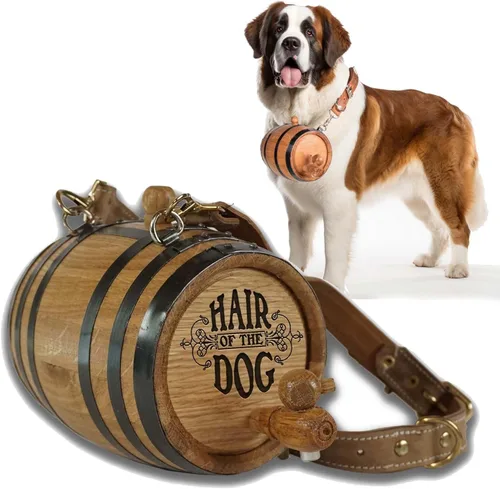 Vista 18 de St Bernard - Collar de barril de whisky para perro, 'M.U.T.T.' - Dispensador de barril de roble de 1/2 litro para perros San Bernardo con correa