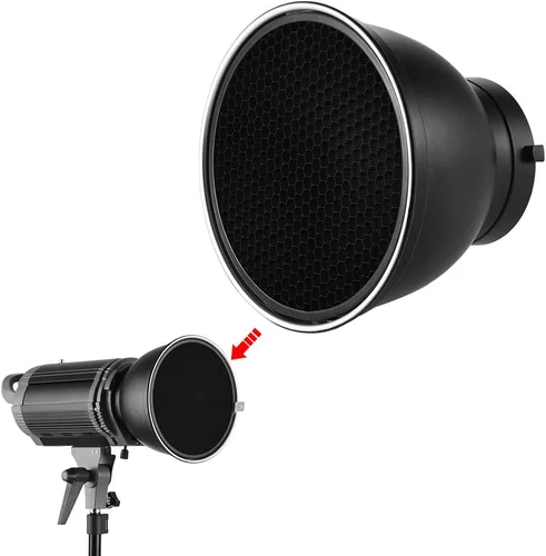 Vista 8 de Andoer Lámpara de difusor plano reflector estándar de 7 pulgadas con rejilla de panal de 60° para montaje Bowens para Flash Studio Strobe Speedlite