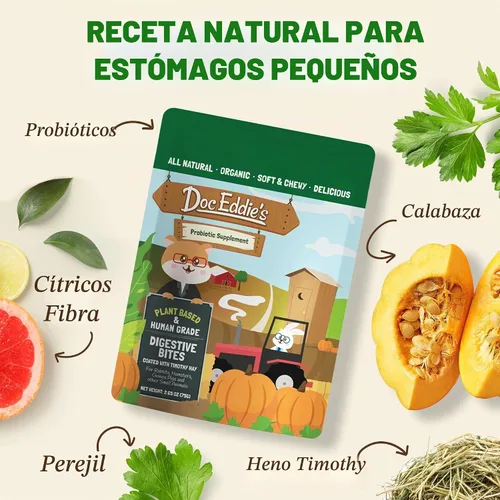 Vista 3 de DOC EDDIE'S Digestive Bites - Golosinas para animales pequeños a base de plantas para conejos, cobayas, hámsters, jerbos y más - Suplemento