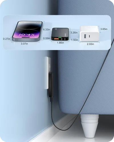 Vista 5 de Cargador de pared USB plano, 3 puertos ultra delgado cargador de pared rápido para Pixelbook, iPad Pro, iPhone 17/16/15/14 negro