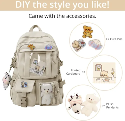 Vista 4 de AoMoon - Mochila Kawaii Linda, Mochila de Colores Pastel para Niñas y Adolescentes, Mochilas Estéticas para Estudiantes con Pin Kawaii y Accesorios