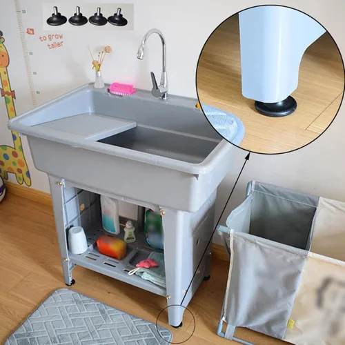 Vista 2 de Fregadero de plástico independiente con tabla de lavadero, fregadero utilitario para interiores y exteriores con grifo de agua fría y caliente