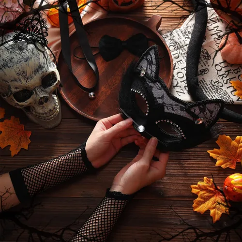 Vista 6 de Disfraz de gato negro de Halloween, disfraz de gato negro, máscara de encaje de gato, collar y cola para adultos, fiesta de disfraces