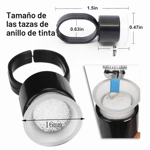 Vista 5 de Vasos de anillo de tinta, 50 anillos de pigmento, anillos de pegamento de pigmento de microblading con copas de tinta de esponja, tapas