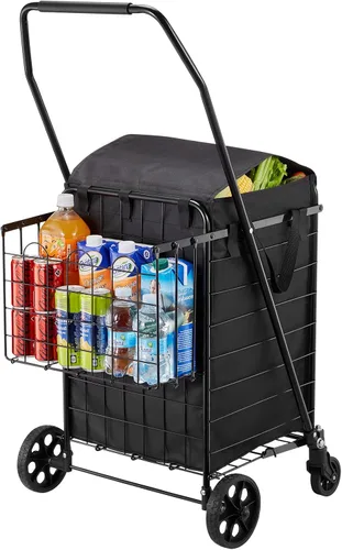 Vista 11 de VEVOR Carrito de compras plegable, carrito de comestibles jumbo con cestas dobles, ruedas giratorias de 360°, carrito utilitario resistente, carrito