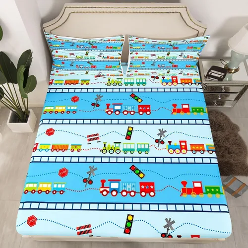 Vista 9 de Juego de sábanas bajeras ajustables para niños, diseño de caricaturas, camiones, tamaño individual, juegos de ropa de cama de excavadoras, camiones