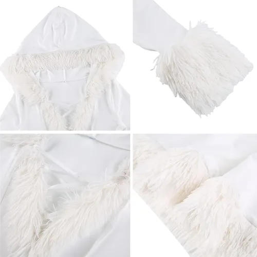 Vista 7 de Vestido de Navidad peludo con capucha para mujer, sexy, con cuello en V, ajustado, vestido de fiesta de noche, ribete de felpa, mini vestidos