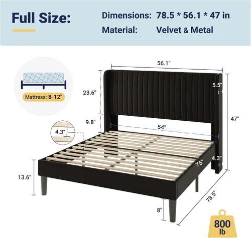 Vista 2 de Allewie - Base de cama tamaño Full con cabecera tapizada en terciopelo y diseño acanalado vertical; plataforma de cama tapizada; listones de madera
