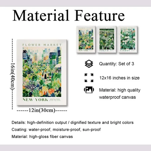 Vista 7 de XLARTMY Impresiones de Arte de Pared del Mercado de Flores Lienzo Verde Amarillo Blanco Pinturas Florales Coloridos Pósteres Botánicos de Flores
