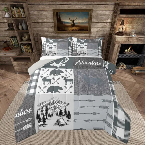 Vista 40 de Juego de edredón de cabaña rústica navideña, juego de ropa de cama estilo rústico con diseño de osos y ciervos, tamaño completo, patchwork Multi 08