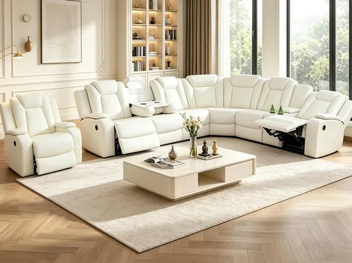 Vista 13 de Juego de sofá seccional reclinable de cuero, sofá seccional con 4 sillones reclinables Juegos de muebles de sala con 3 reclinables, luz LED