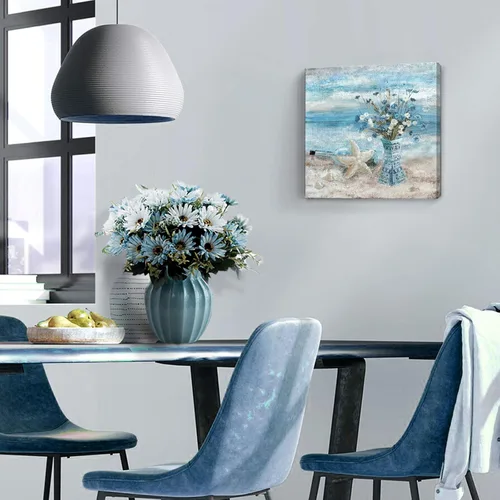 Vista 5 de Arte de pared para decoración de baño, imagen de playa azul, tema oceánico, impresión en lienzo de flores, pintura moderna de paisaje marino