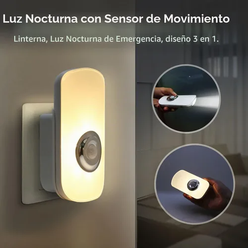 Vista 2 de Sensky Luz nocturna con sensor de movimiento 3 en 1 enchufable, linterna recargable, luz nocturna de emergencia para dormitorio, baño, sala