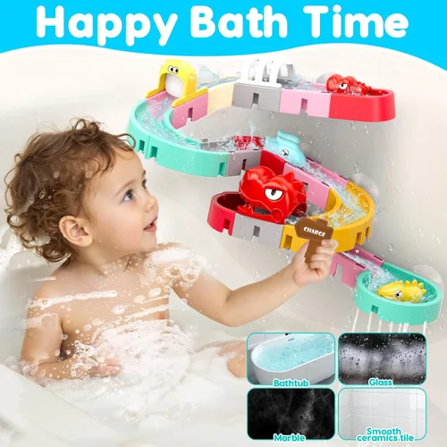 Vista 3 de Juguetes de Baño de Dinosaurios para Niños de 1-3 y 4-8 años, 43 PIEZAS Pistas de Toboganes de Agua DIY con 3 Bañeras de Baño para Niños Pequeños