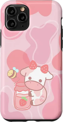 Vista 28 de Funda Kawaii para iPhone 12, diseño de vaca fresa, color rosa