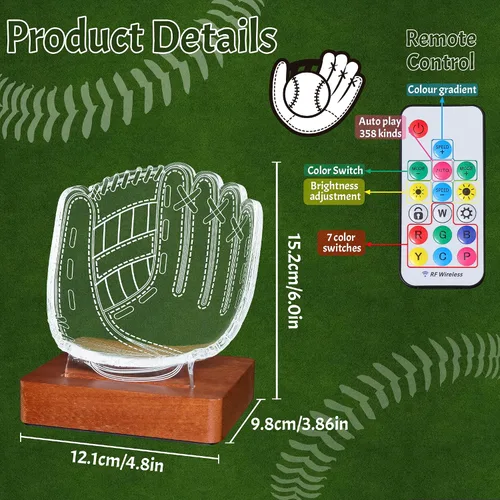 Vista 3 de CoolGift Mart Soporte de exhibición iluminado para guantes de béisbol, base acrílica y de madera con iluminación LED de acento, alimentado por USB