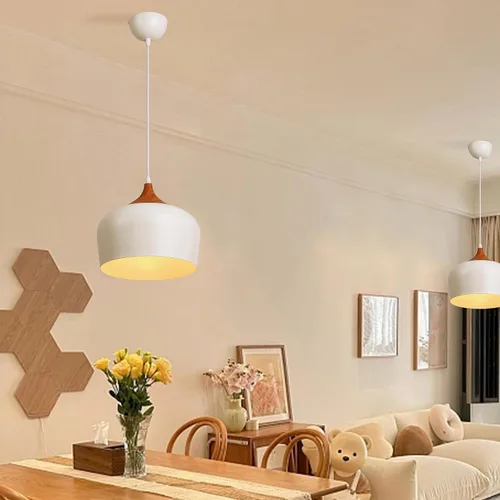 Vista 5 de SUNLLOK Lámpara colgante blanca moderna, con patrón de madera, cúpula minimalista hacia abajo, lámpara colgante de techo, lámpara industrial